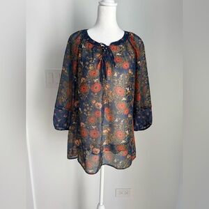 Fig and Flower Anthropologie Sz M Floral Lightweight Sheer Blue Blouse Boho